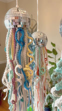 Load and play video in Gallery viewer, Macrame Mirror Ball Jellyfish in Green, Blue, Purple & Yellow Tones
