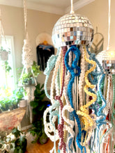 Load image into Gallery viewer, Macrame Mirror Ball Jellyfish in Green, Blue, Purple &amp; Yellow Tones
