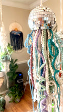 Load image into Gallery viewer, Macrame Mirror Ball Jellyfish in Green, Blue, Purple &amp; Yellow Tones
