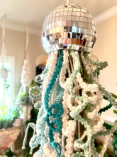 Load image into Gallery viewer, Mirror Ball Macrame Jellyfish in Green Tones
