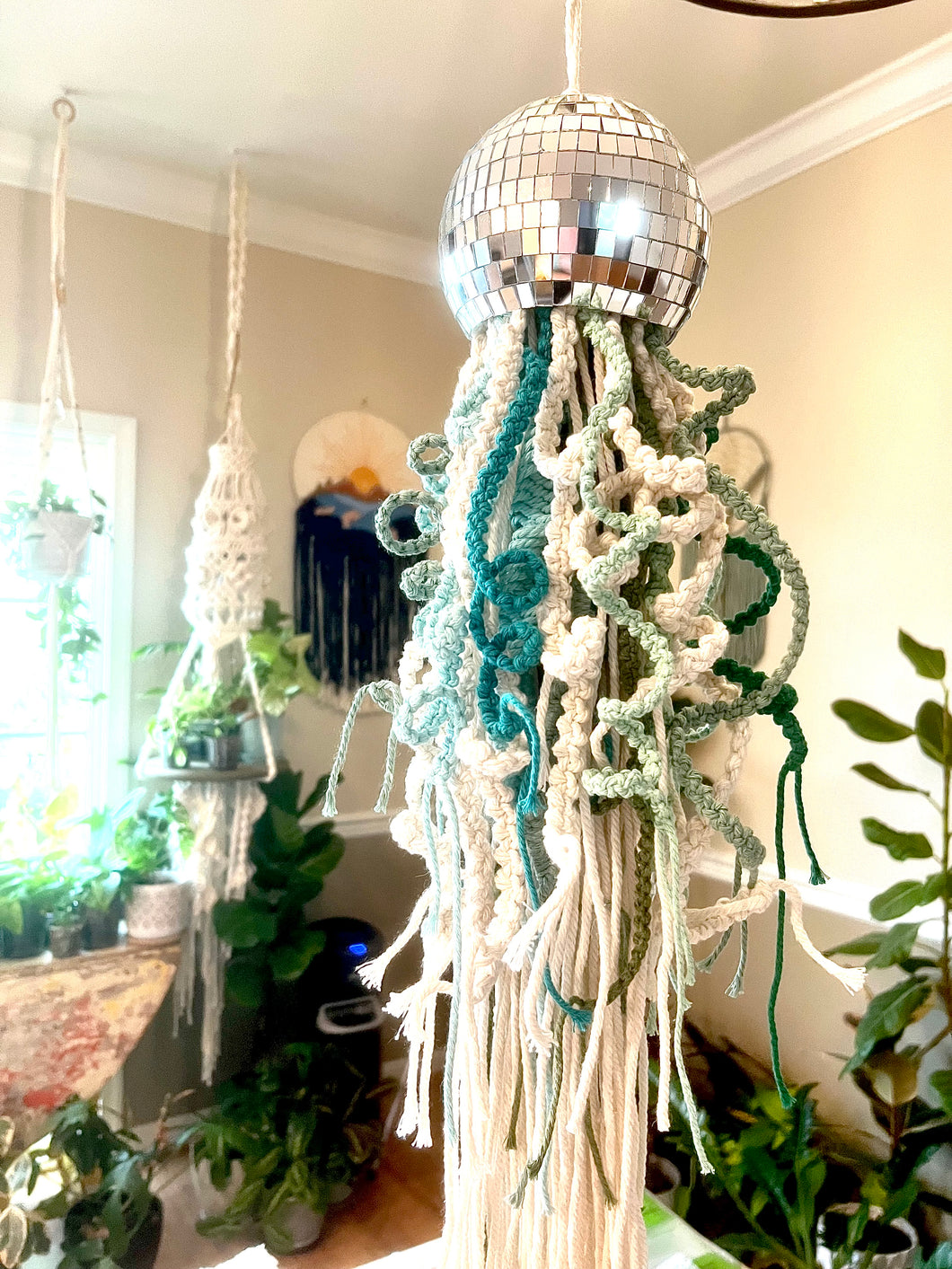 Mirror Ball Macrame Jellyfish in Green Tones